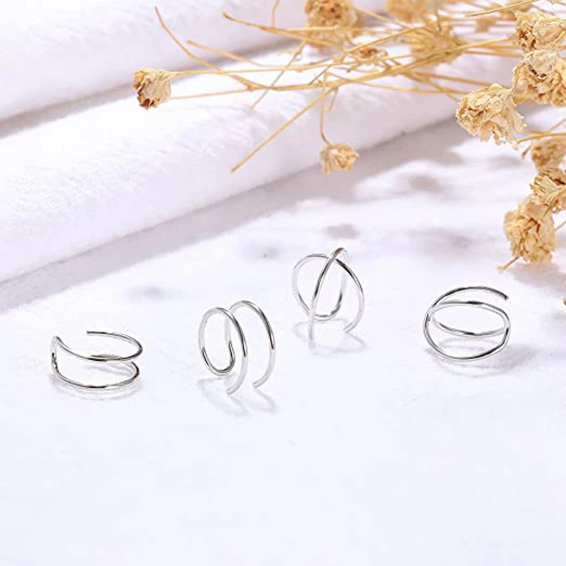 Ear Clip Earrings 4 Pcs Stainless Steel Ear Cuff Criss Cross Double Lines Non Piercing Minimalist fake Helix Earcuff Cartilage Earring ear clip earrings,clip earrings,ear clip,ear accessories