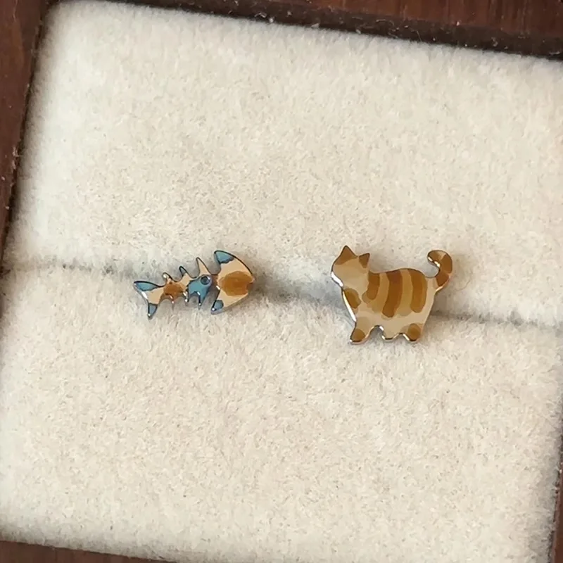 Cute Fish Cat Earrings - Retro Asymmetrical Cartoon Jewelry for Women