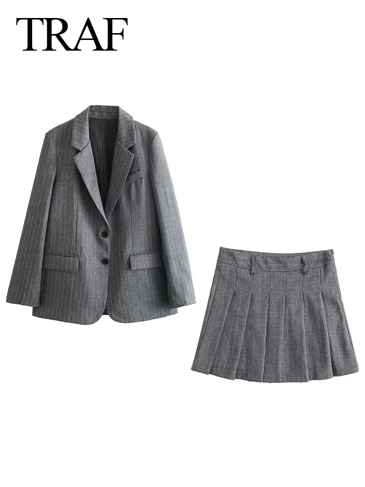 

TRAF Spring Women Fashion 2 Piec Suits Stripe Turn Down Collar Tight Blazer Coat + Wild Casual Preppy Style Female Mini Skirts