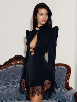 Lace Trim Hollow Out Mini Dress Women Pads Shoulder Waist Cinched High Neck Metal Decorative A-line Gown Lady Daily Party Gowns 1