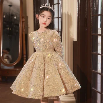 3-14 Yrs Flower Girls Dress Wedding Birthday Dress Golden Sequin Lace First Communion Dresses for Girls Baptism Party Vestidos 1