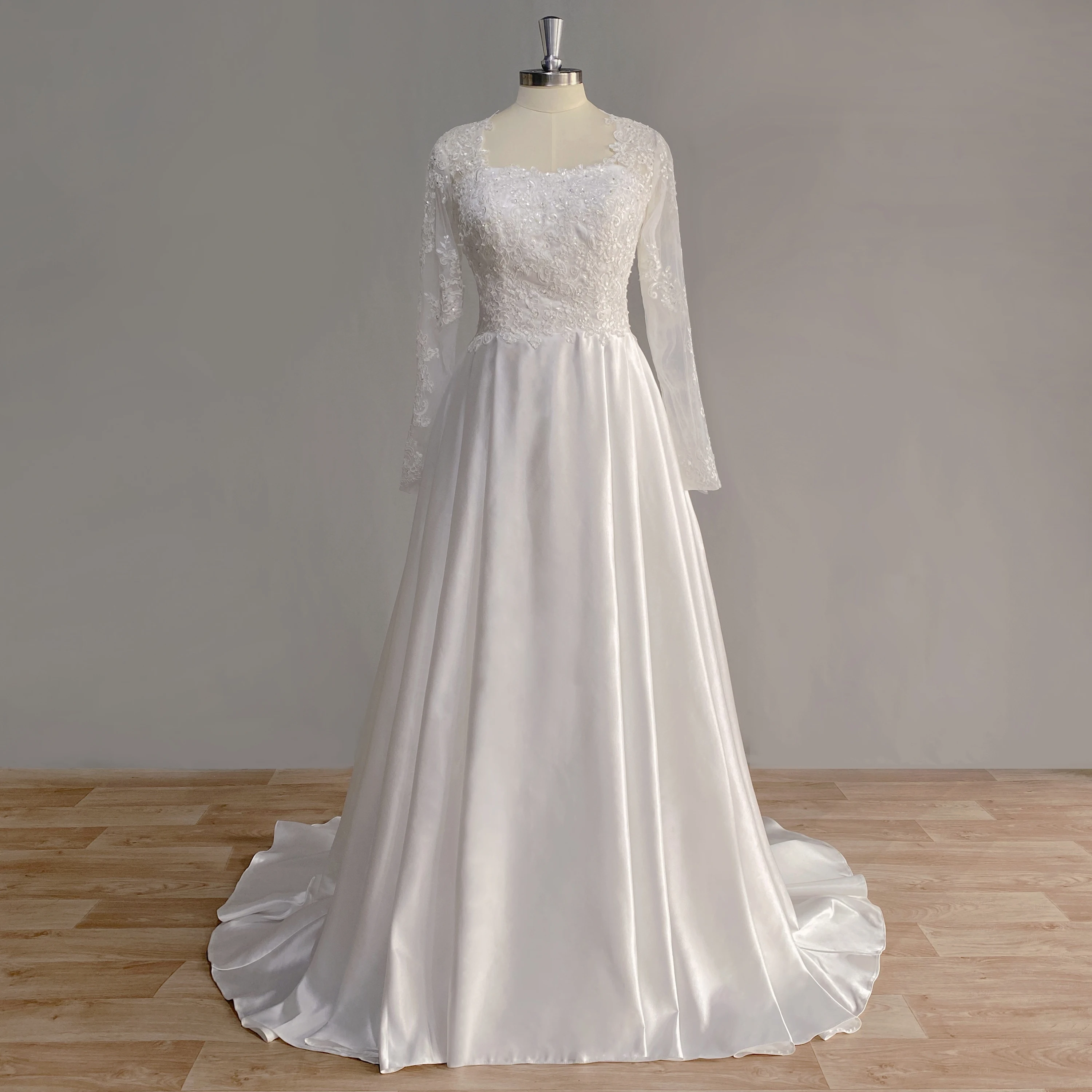 

Dideyttawl Long Sleeve Sequin Lace Appliques Satin Wedding Dress 2023 A-Line Sweep Train Elegant Bridal Gown Robe De Mariée