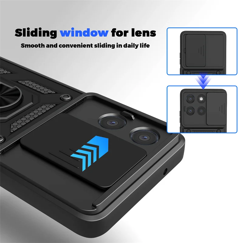 Enhanced Slide Camera Lens Protection Phone Case with Ring Stand - Hybrid Shockproof Back Cover