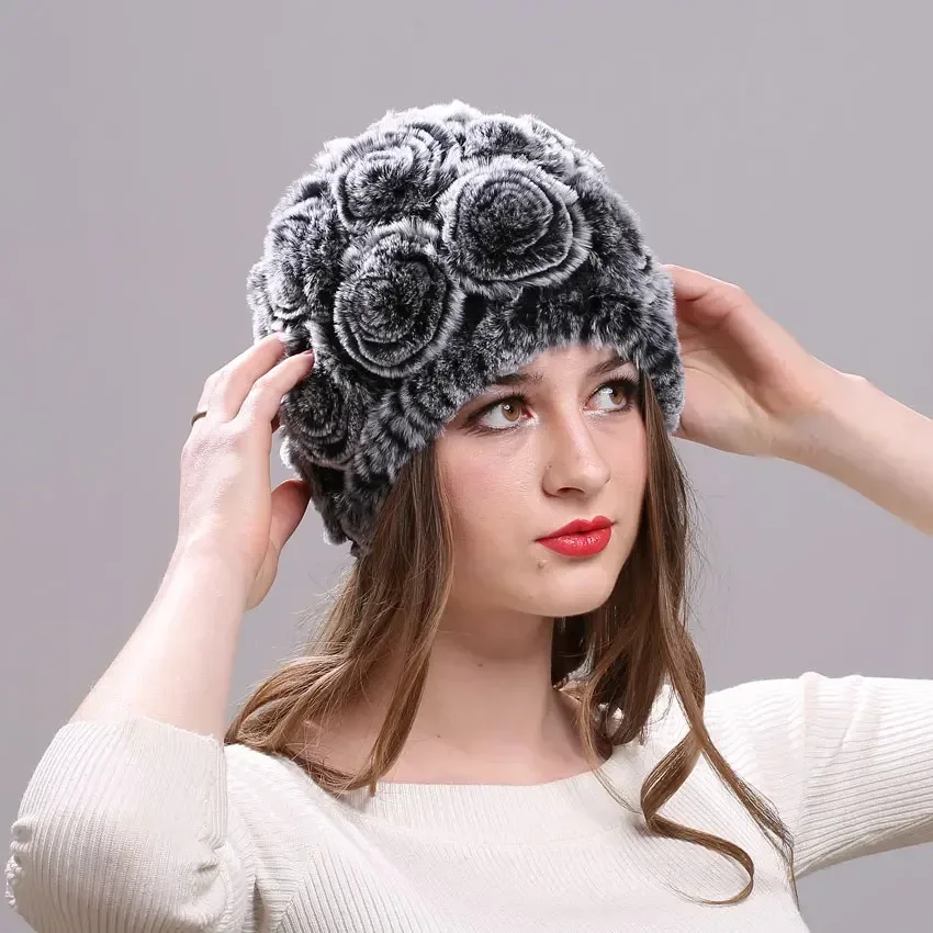 Real Rex Rabbit Fur Cap Elastic Knitted Hat for Women Floral Design Winter Woman Brand Caps Winter Accessories Fur Hat Wholesale 4