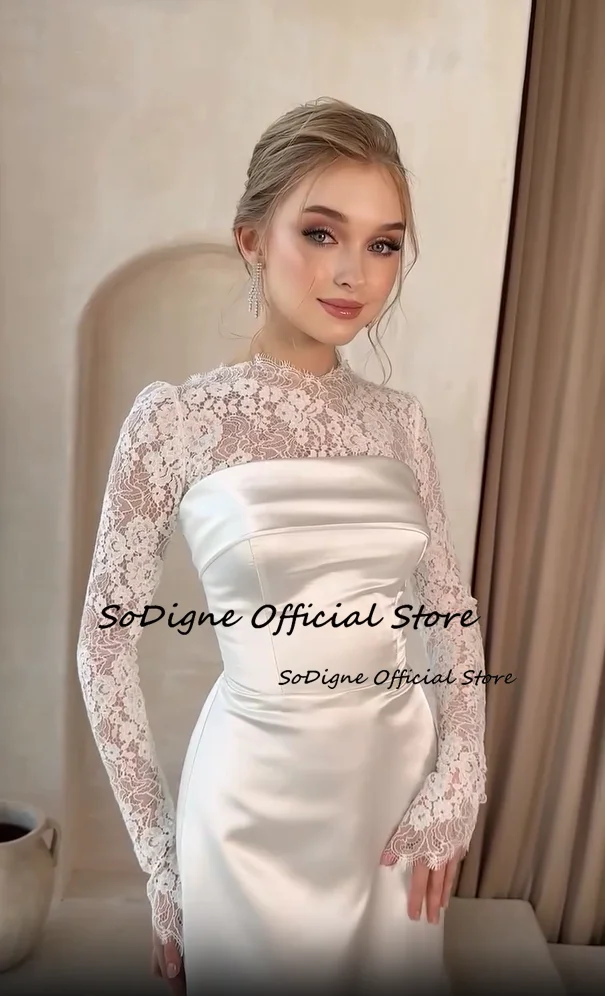 SoDigne Mermaid Satin/Lace Wedding Dresses O-neck Full Sleeves Bridal Dress Long Bridal Gown with Bow 2025 Customized 3