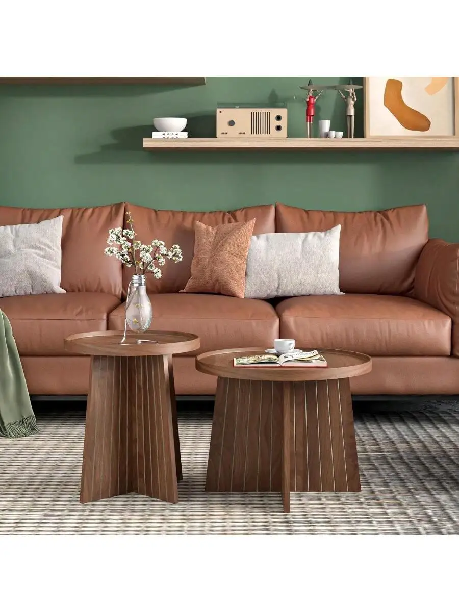 Round Coffee Table Set of 2 Mid Century Modern Fluted Nesting Coffee Table Center Tables Small Round Wood Coffee Table S 4