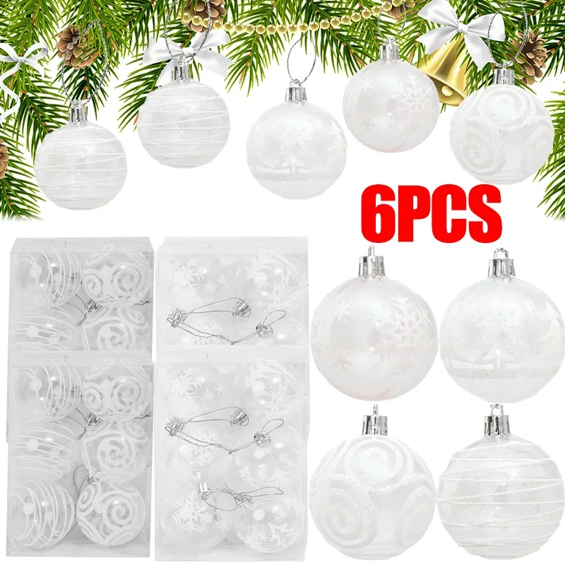 

6Pcs Christmas Balls White Striped Snowflake Christmas Balls Ornaments Xmas Tree Hanging Ornament for Home New Year Party Decor