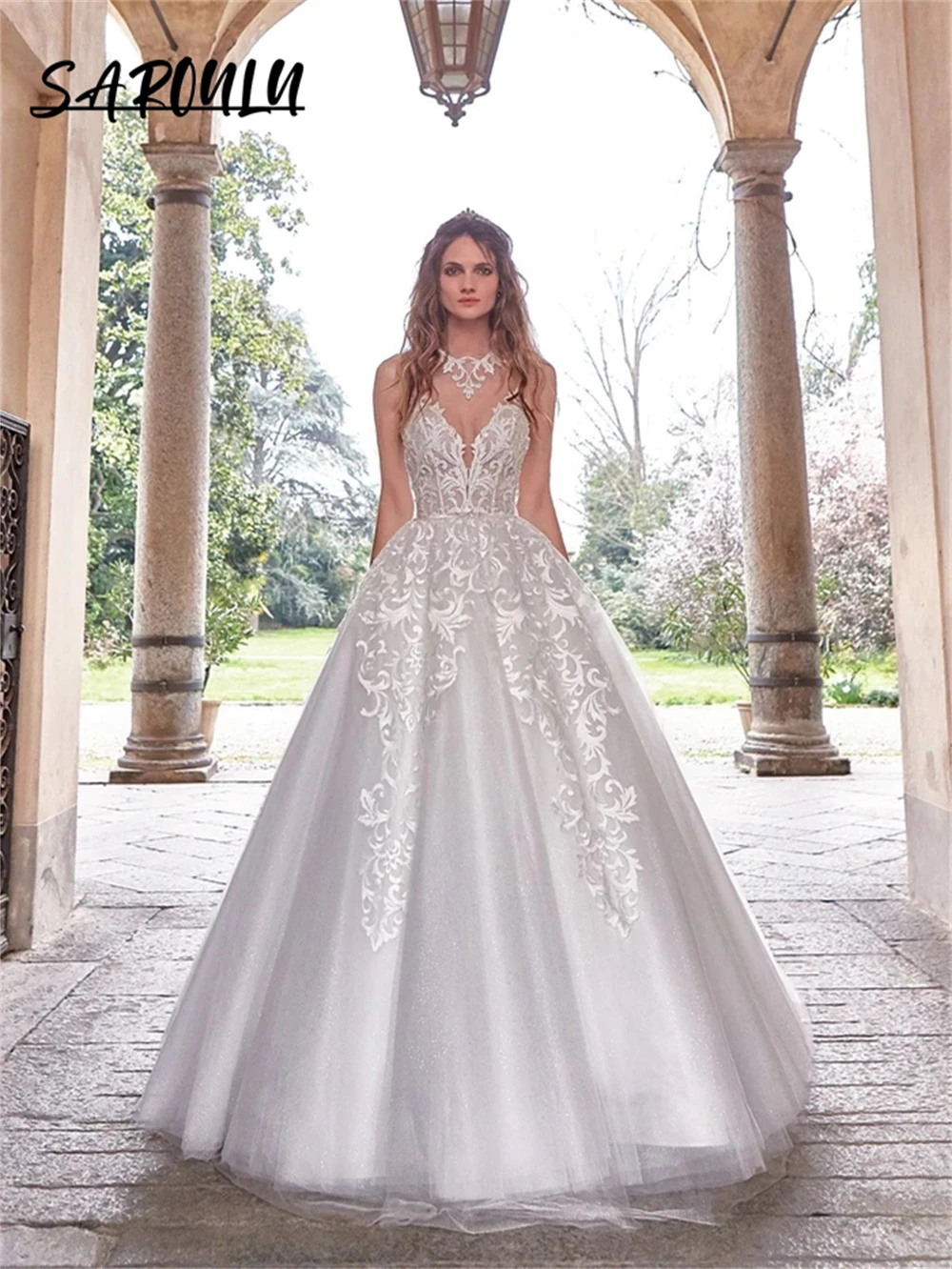 

Glitter Tulle Wedding Dresses For Women A Line O Neck Sleeveless Bride Dress Lace Appliques Bridal Gown Vestidos De Novia