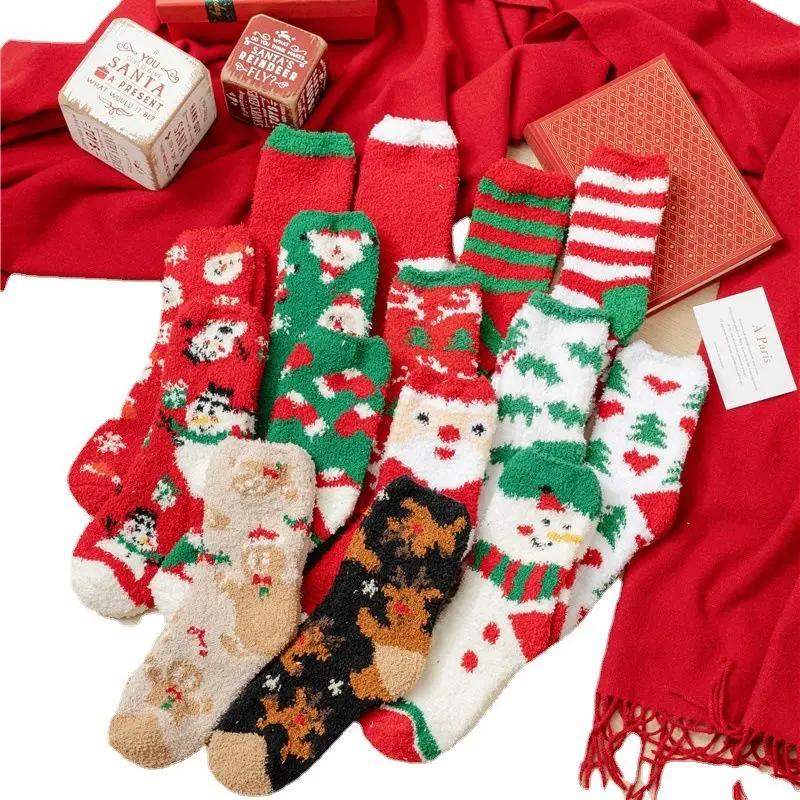 Christmas Socks Thickening Women's Socks Winter Warm Cartoon Coral Velvet Gift New Year Christmas Stockings 1 Pair christmas stockings