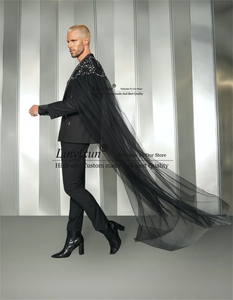 Sparkly Crystal Beaded Tuxedos Men Suits Caped Groom Tuxedos Customized Wedding Party Blazer Slim Fit traje de hombre elegante 2