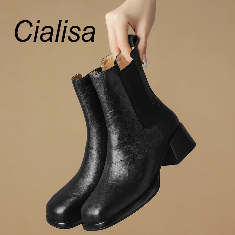 

Cialisa Women Shoes 2023 Autumn Winter Square Toe Chelsea Boots Mid Heels High Quality Real Leather Elastic Short Boots Brown 40