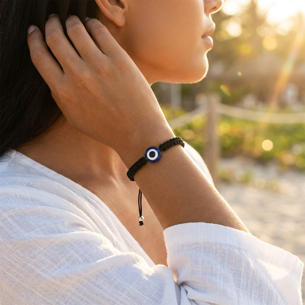 Klassisches Evil-Eye-Armband zum Schutz Glücksbringer Schwarzes Seil Verstellbares Armband Spiritueller Schmuck für Männer und Frauen