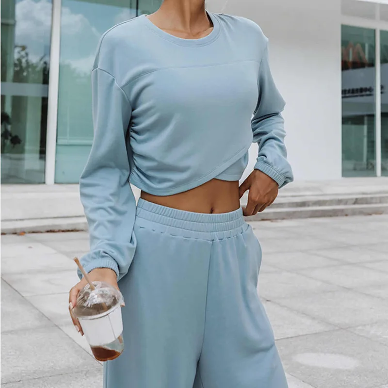

Female Causal Loose Trousers Long Sleeve Top Suits Autumn Winter Fashion Crop Sweatshirts Wide Leg Pants 2 Piece Set Casual Set