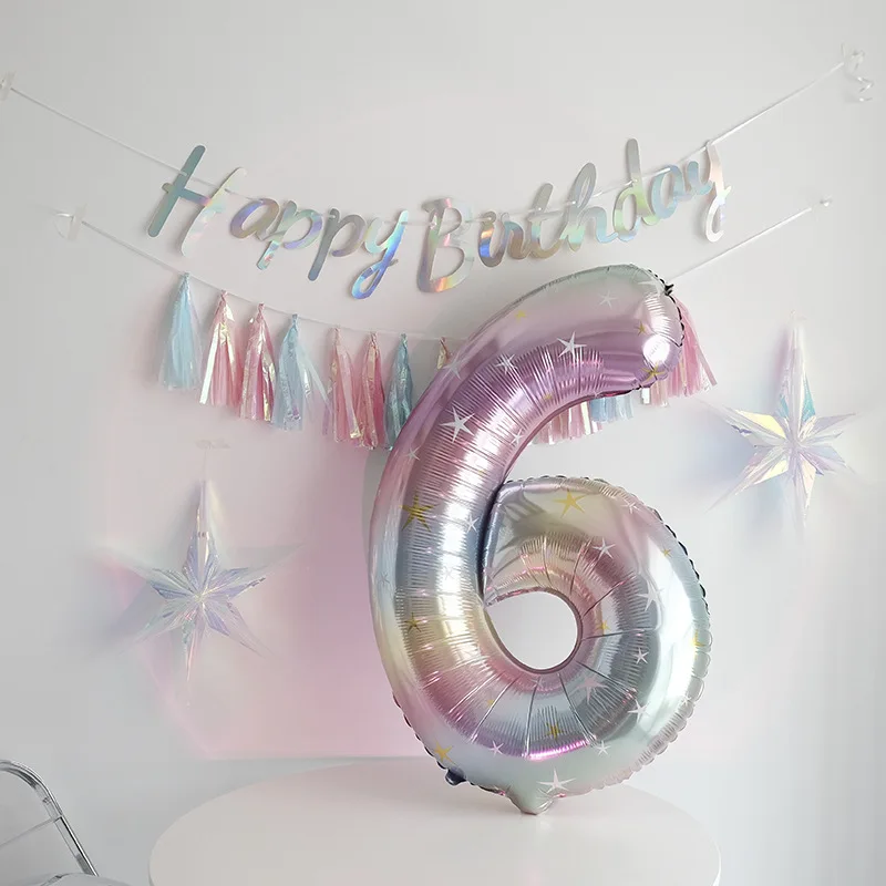 40 Zoll Star Sky Gradient Digital Folienballon Regenbogen Nummer 0-9 Heliumballons Babyparty Erster Geburtstag Partydekoration