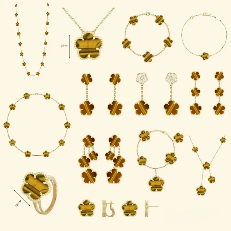 

Fashionable Classic S925 Sterling Silver Girl's Clover Necklace Tiger Eye Stone Bracelet Luxury Jewelry Set