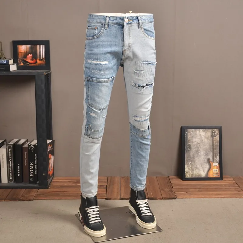 2022 Summer Jeans Men Streetwear Casual Pencil Pants Ripped Jean Light Blue Patchwork Slim Fit Denim Trousers
