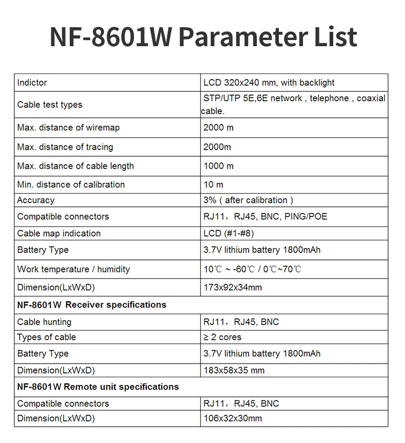 NOYAFA NF-8601W Netzwerkkabellängentester POE/PING-Tester Mehrzweck-Line-Tracker mit 8 Stück Fernbedienungs-Netzwerk-Tracker – Detail 12