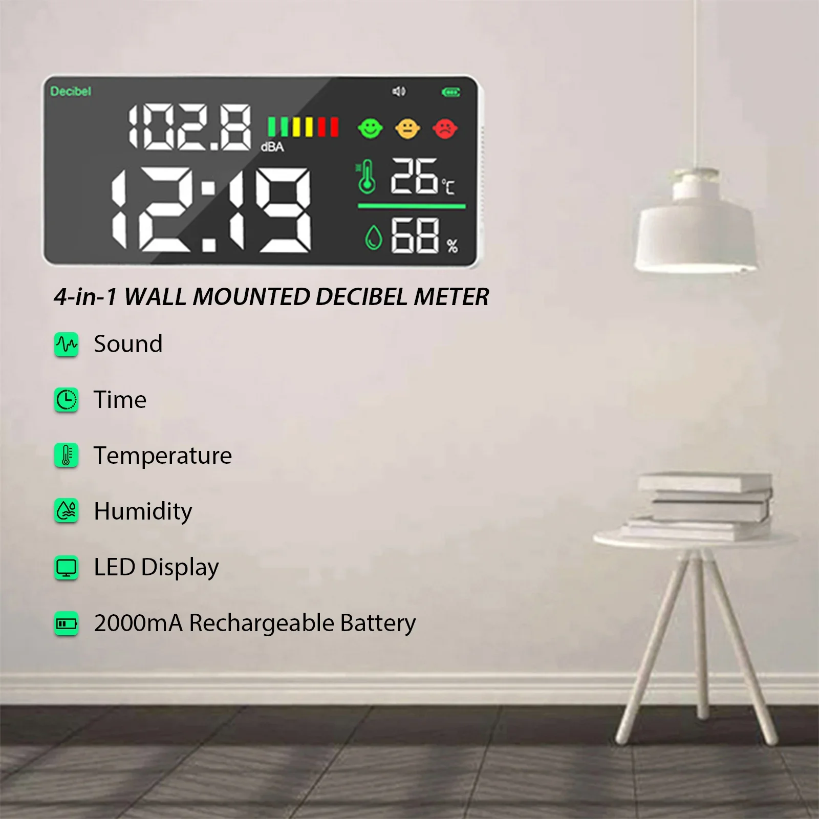 4-in-1 Digital Sound Level Meter ,Desktop Decibel Monitor 30-130dB,for Noise Measureing,Library, with Time&Temp&Humidity Display 5