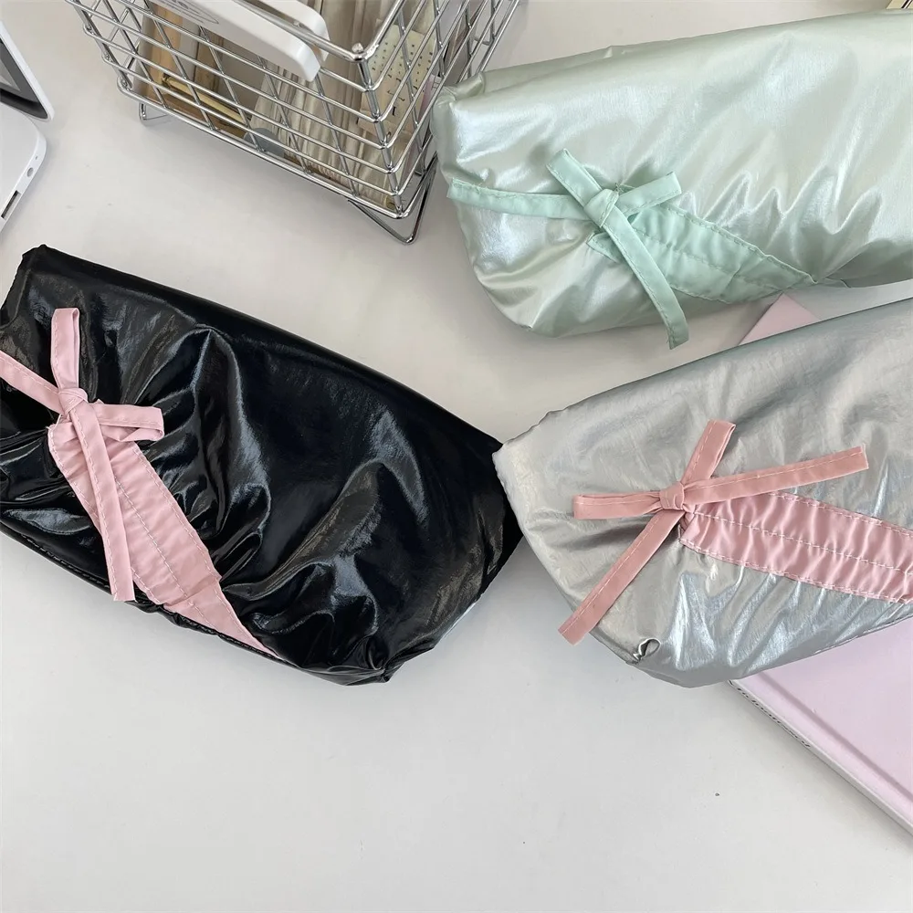 New Large capacity Bowknot Pencil Case Cute Bow Zipper Lipstick Storage Bag Solid Color Students Stationery Pouch Students