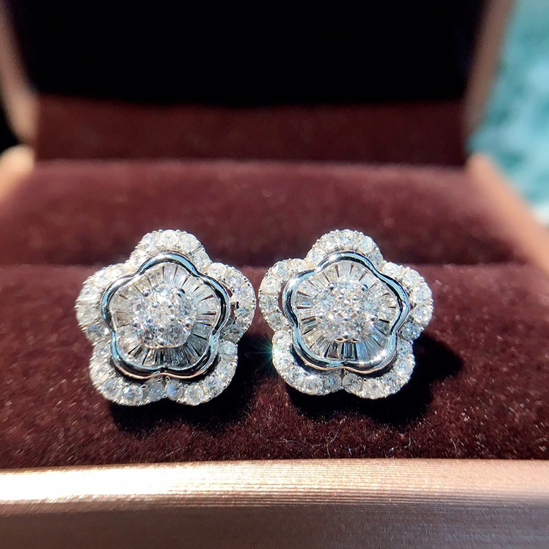 Huitan Silver Color Flower Stud Earrings with White CZ