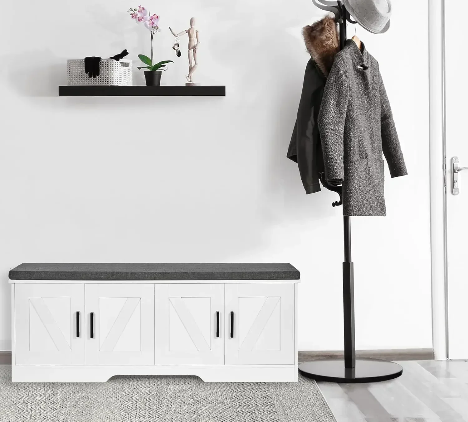 New2025-2-Tier Storage Bench, Shoe Bench with Padded Seat Cushion, Entryway Bench with 2 Barn Doors, Adjustable Shelf