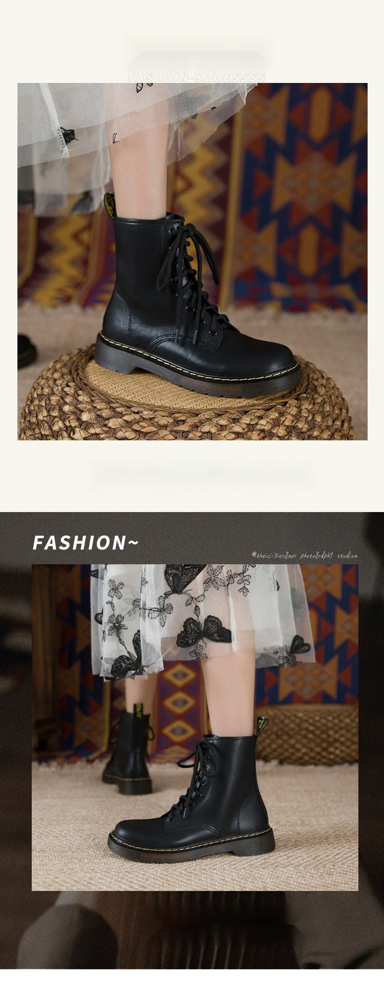 Bottes de moto courtes Martin noires en cuir véritable à lacets à huit et six trous de style britannique pour femmes_voghion.com