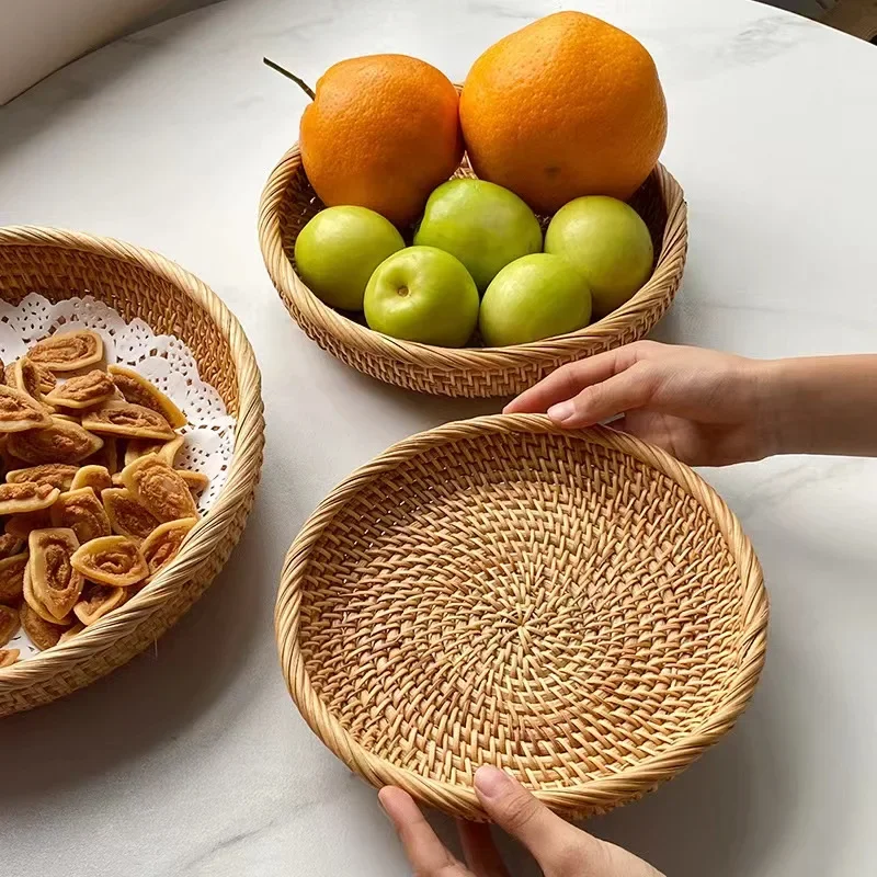 Handwoven Rattan Storage Tray with Wooden Handle Picnic Basket Bread Food Plate Snack Fruit Cake Platter Dinner Serving Tray New 6