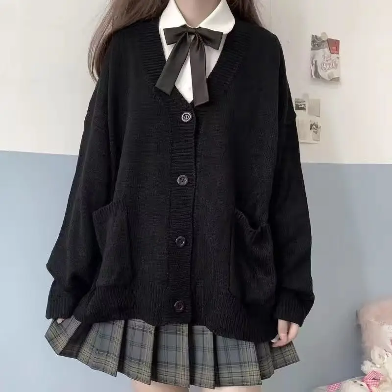 Suéteres básicos de escuela japonesa para mujer, cárdigan de punto suelto con cuello en V liso kawaii de otoño, uniforme de estilo preppy para cosplay