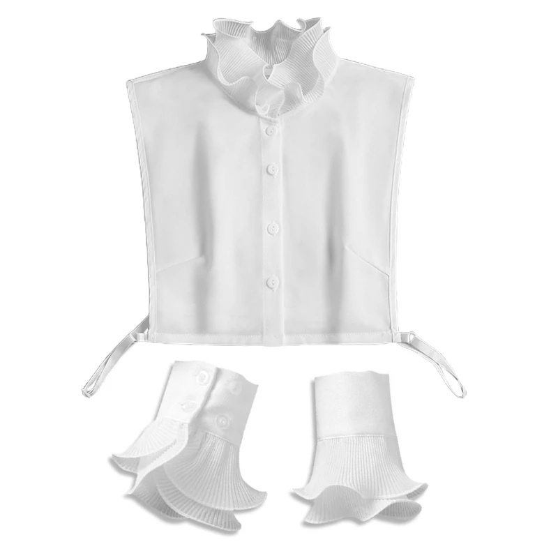 

Korean Women 2 Pieces Layered Ruffled Stand False Collar with Fake Sleeves Wristband Set Button Down Detachable Half Shirt Horn