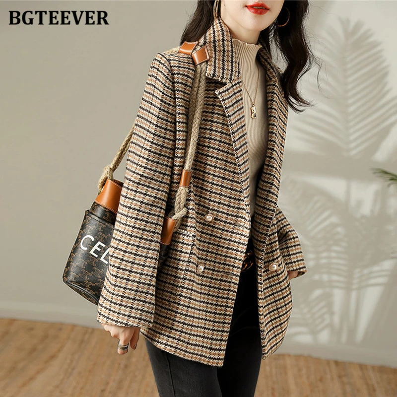 

BGTEEVER Winter Fashion Long Sleeve Ladies Houndstooth Woolen Blazer Coats Elegant Thicken Loose Women Double Breasted Jackets