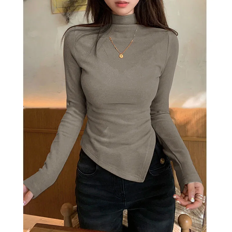 

Women's Fashion Elegant Solid Pullover Half High Neck Casual Versatile Long Sleeve Irregular Fit Bottom Tops 2024