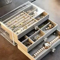 New upgrade Velvet Acrylic Jewelry Organizer with 3 Drawer Stackable Display Storage Earrings Necklace Bracelets Box Holder Case 2