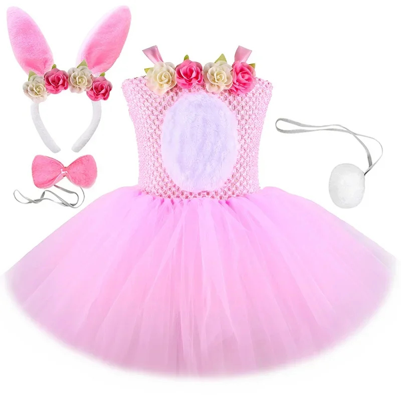 thumbnail image 1 of Vestido de tutú de conejo rosa para niñas, disfraz de conejito de Pascua, vestido de princesa de tul para fiesta de cumpleaños de niños, ropa de disfraces de animales para Halloween, 1 of 5