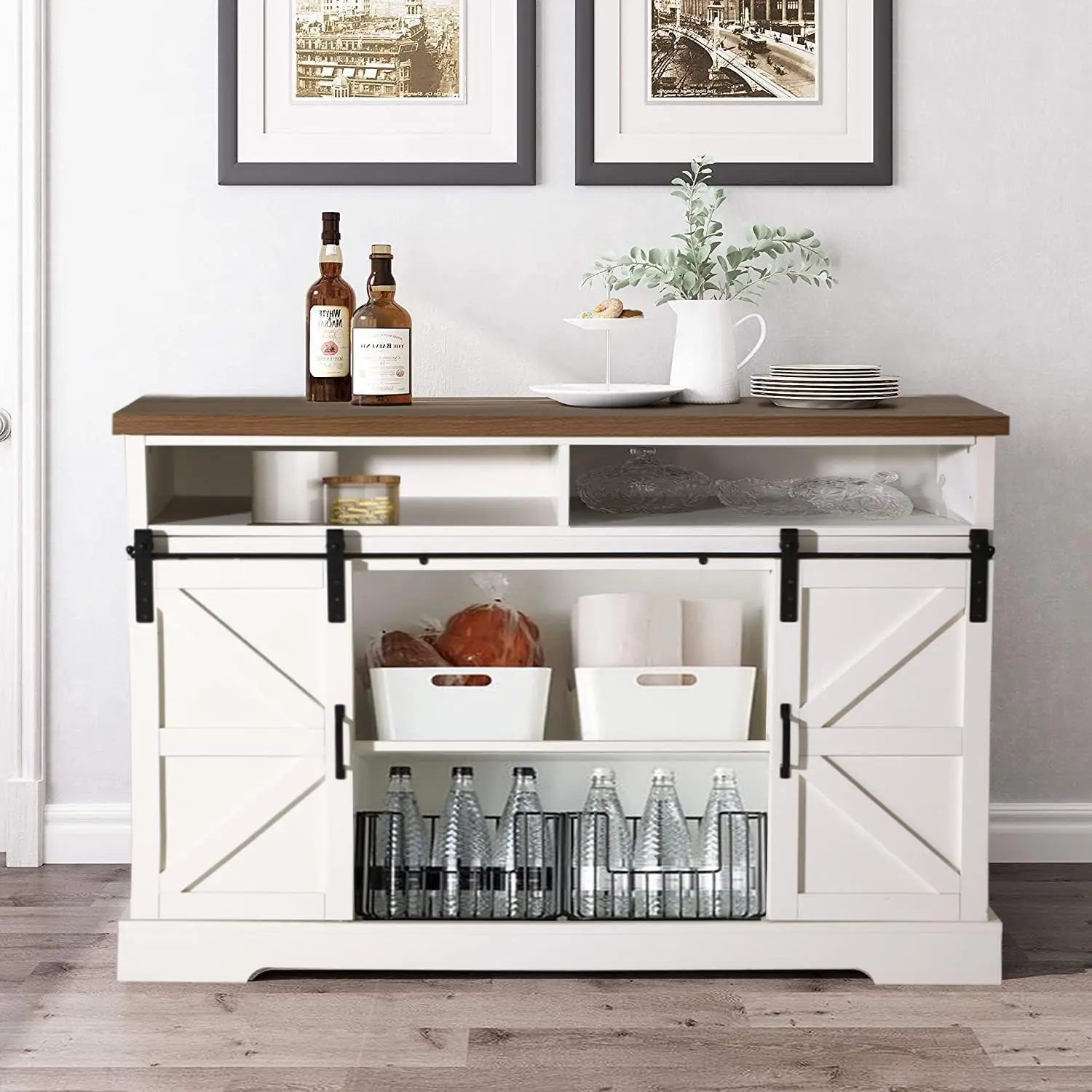 Farmhouse Coffee Bar Cabinet - Sliding Barn Door Kitchen Sideboard Buffet Storage Cabinet 4