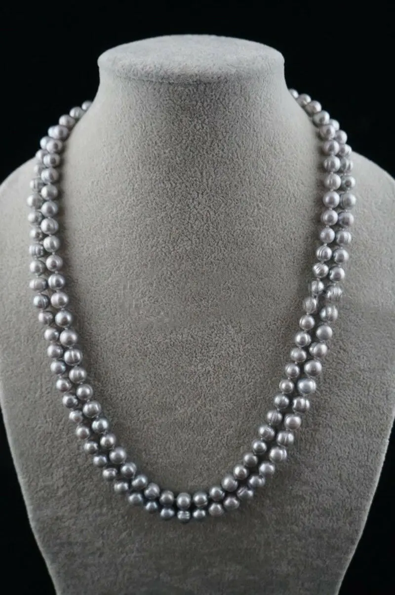

Natural Pearl 46inch long Round Baroque 9-8mm Gray Freshwater Pearl Necklace