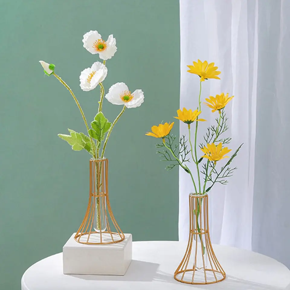 RESOYE Vaso in vetro da tavolo con telaio in metallo dorato, 24 cm, moderno, cavo, geometrico, vaso decorativo per coltura idroponica, per casa, matrimonio, decorazione per la casa