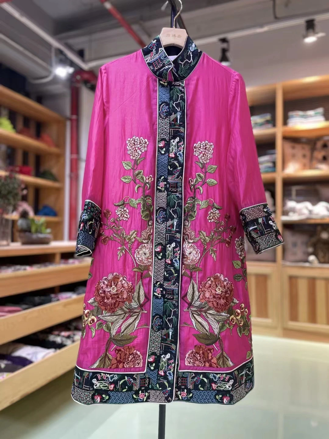 Women's Standing Collar Rayon Embroidered Flower Coat Three Quarter Sleeves Long Top M-XXL