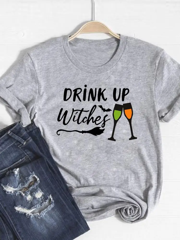 

Tee Top Women Fall Autumn Ladies T-shirt Thanksgiving Wine Witch Funny 90s Clothes Halloween Graphic Print T Shirt Clothing