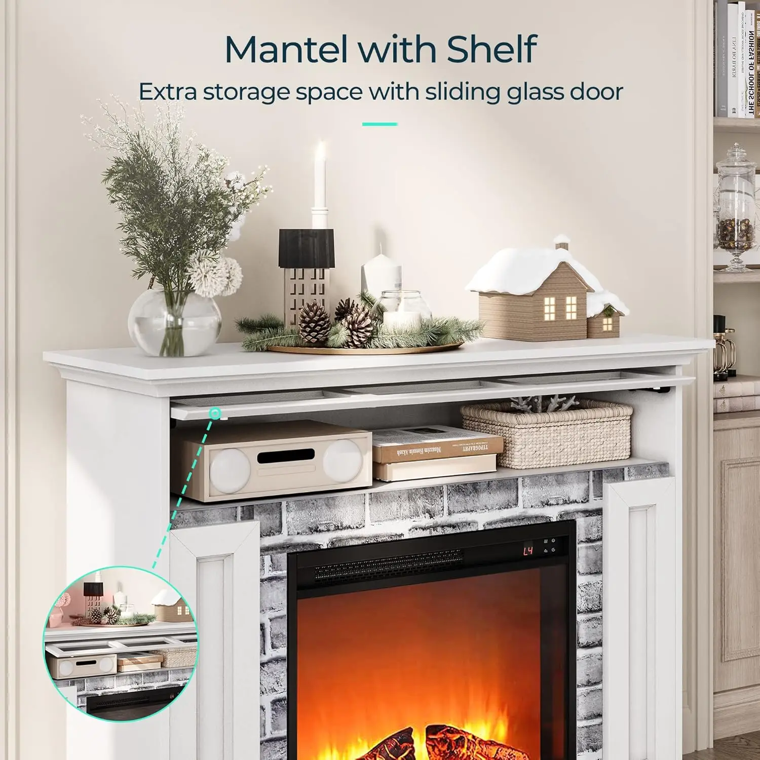Electric Fireplace Mantel, LED Faux Fireplace Heater with Remote Control & Adjustable Flame, TV Console Table 2