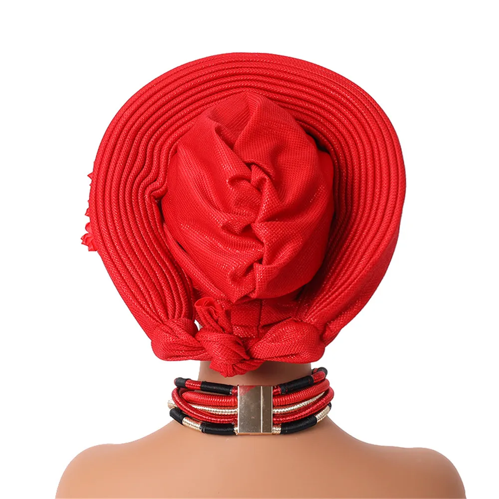 Nigeria Head Ties with Flowers Already Made Auto Gele Women Head Wraps for Wedding Party New African Headtie Turban