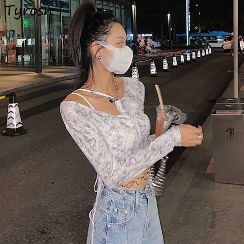

T-shirts Women Tie Dye Leisure Summer Sun-proof Fashion Slim Daily Crop Tops Shirring Sexy Korean Style Design Hotsweet Tender