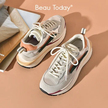 BEAUTODAY 여성용 가죽 청키 스니커즈, 혼합 색상, 와플 스타일, 레이스업 플랫폼 트레이너, 여성용 캐주얼 신발, 수제 B29415