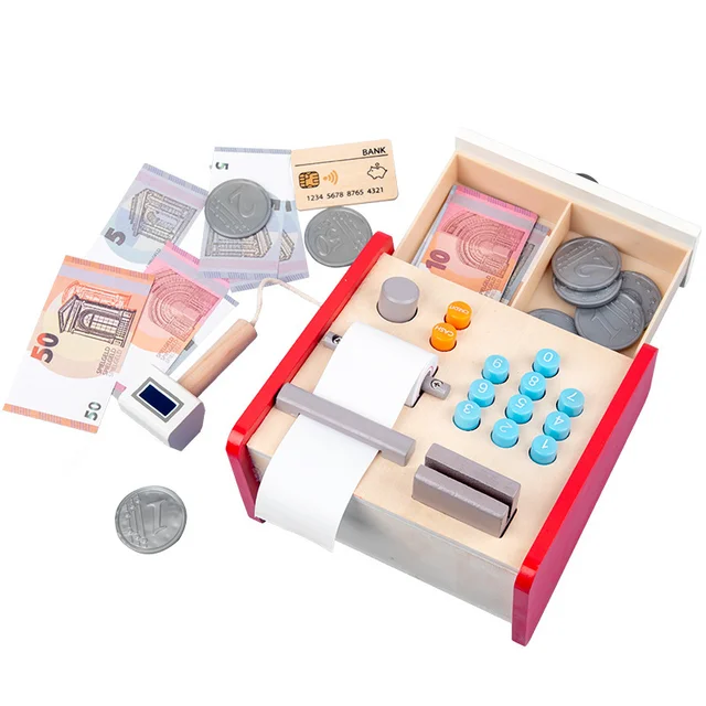 Wooden Simulation Montessori Cash Register Children's Play House Toys Pretend Role Play Cash Register Educational Toys Gifts 1