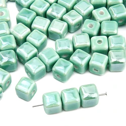 Vibrant Square Ceramic Beads Set - Handmade Porcelain (8mm Green)