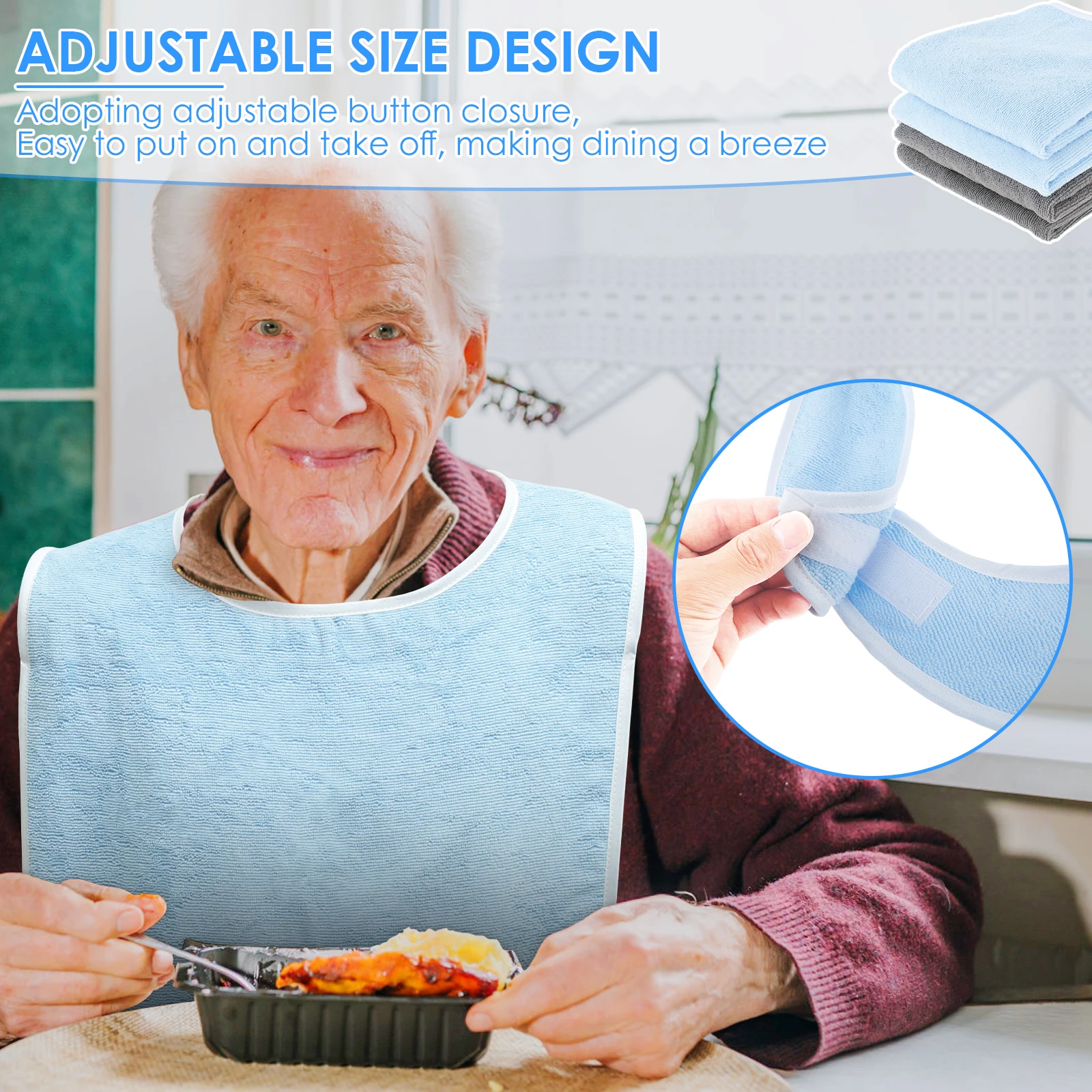 4Pcs Adult Bibs Polyester Dining Clothing Protectors Adjustable Adult Feeding Bibs Seniors Stain Resistant Diet Cloth Blue/Grey