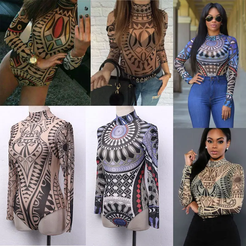 

Summer Sexy Mesh See Through Tattoo Prints Bodysuits Women Playsuit Woman Clothes Body Femme Overalls Shorts Jumpsuit