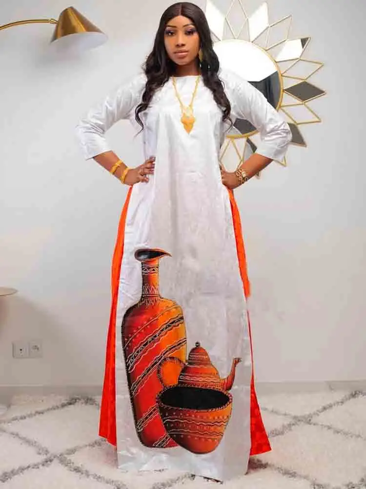 

White And Orange 2 PCS Set Bazin Riche Long Dresses For African Women Traditional Wedding Top Quality Bazin Riche Dashiki Robe