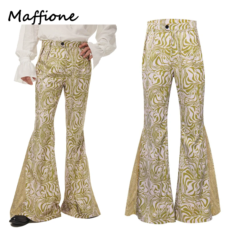 

1970s Retro Vintage Disco Mid Waist Bell Bottom Super Flares Men Long Pants Printed Trousers Jazz Dance Clothes Halloween Suit