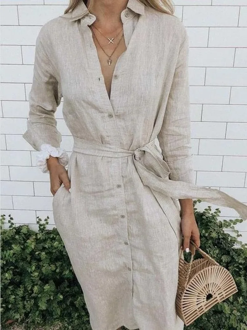 

Women Oversize 5xl Green White Black Linen Dress Sashes Long Sleeve Button Up Long Shirt Dress 2023 Casual Robe Chemise Femme