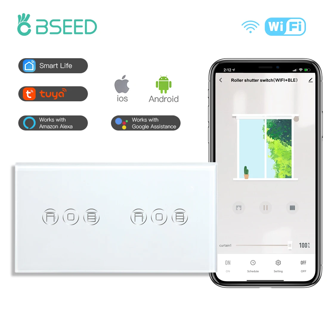 Bseed-wifi Interruptor do Obturador Inteligente sem Fio Duplo Cego Painel de Cristal Interruptores de Toque Trabalhar com Vida Inteligente Tuya Alexa App